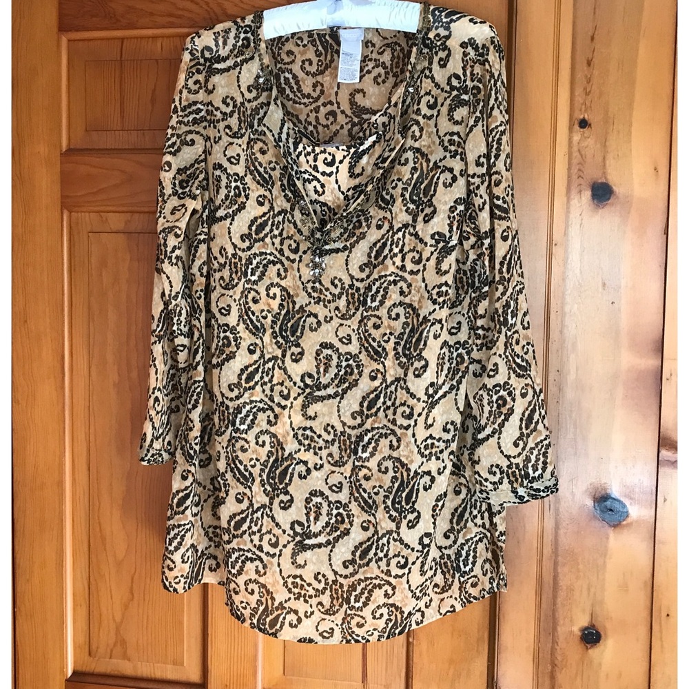 Chico's Tan and Black Swirl Blouse with Tank Top to Wear Underneath Size XL
